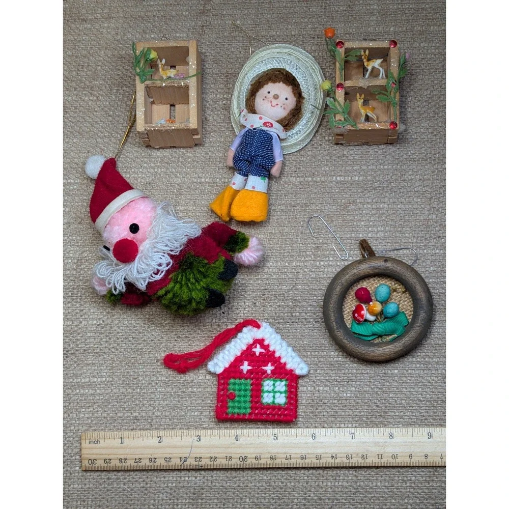 Vintage Handmade Christmas Ornaments Set Santa House Gnome Doll Holiday Decor